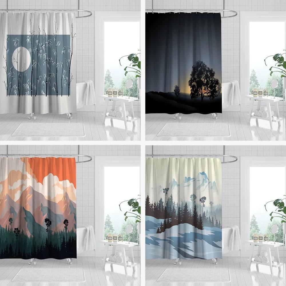 Night View Tree Shower Curtain Art Pattern Nature Scenery Waterproof Polyester Home Bathtub Screen Bathroom Bath Cur